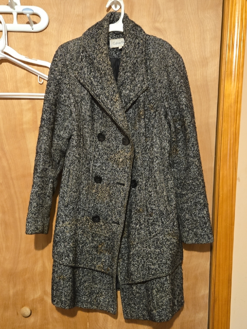 Calvin Klein Black and Gray Tweed Double-Breasted Pea Coat